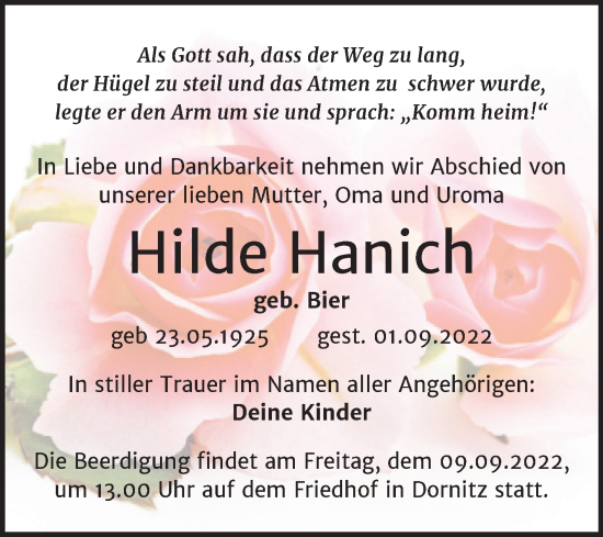 Traueranzeige von Hilde Hanich von Mitteldeutsche Zeitung Halle/Saalkreis