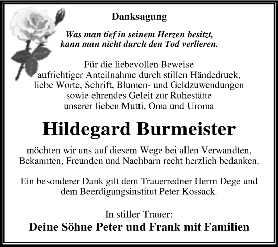 Traueranzeige von Hildegard Burmeister von Trauerkombi Wittenberg