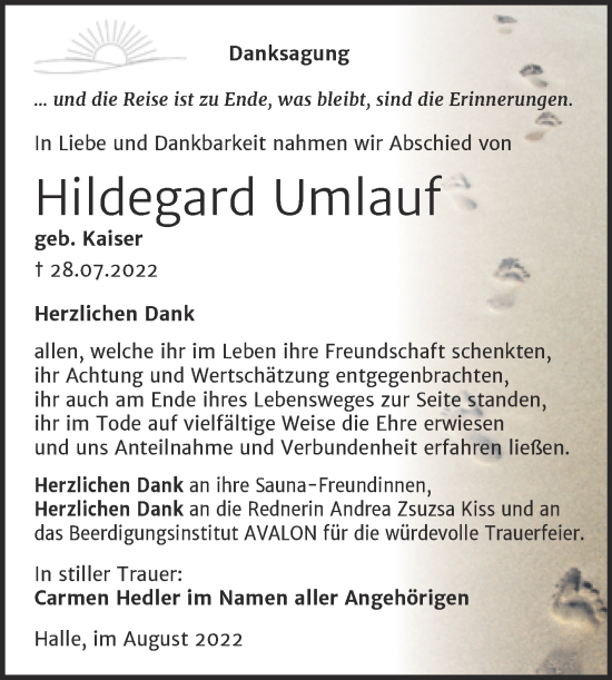 Traueranzeige von Hildegard Umlauf von Mitteldeutsche Zeitung Halle/Saalkreis