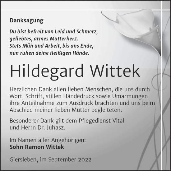 Traueranzeige von Hildegard Wittek von Trauerkombi Aschersleben