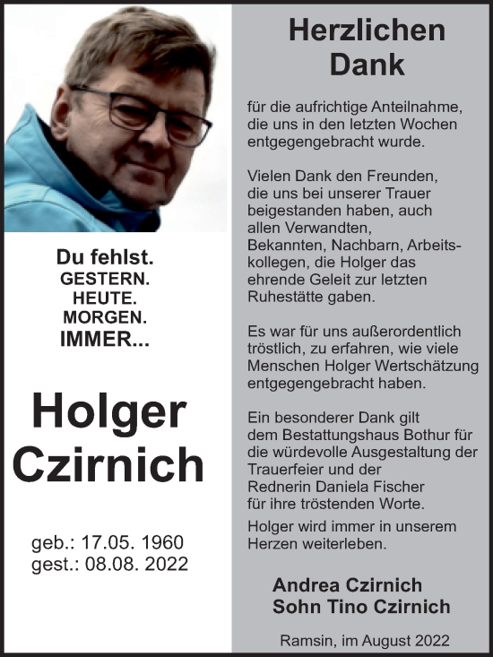 Traueranzeige von Holger Czirnich von Trauerkombi Bitterfeld