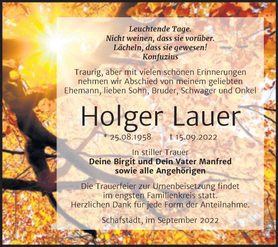 Traueranzeige von Holger Lauer von Trauerkombi Merseburg
