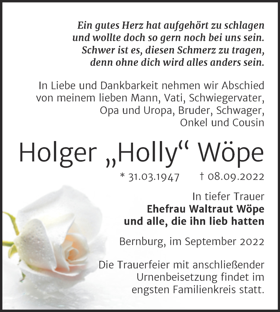  Traueranzeige für Holger Wöpe vom 17.09.2022 aus Trauerkombi Bernburg