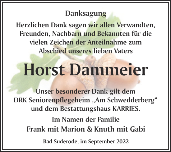 Traueranzeige von Horst Dammeier von Trauerkombi Quedlinburg