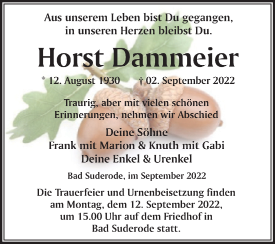 Traueranzeige von Horst Dammeier von Trauerkombi Quedlinburg
