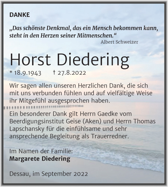 Traueranzeige von Horst Diedering von Trauerkombi Dessau
