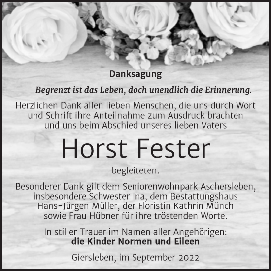 Traueranzeige von Horst Fester von Trauerkombi Aschersleben