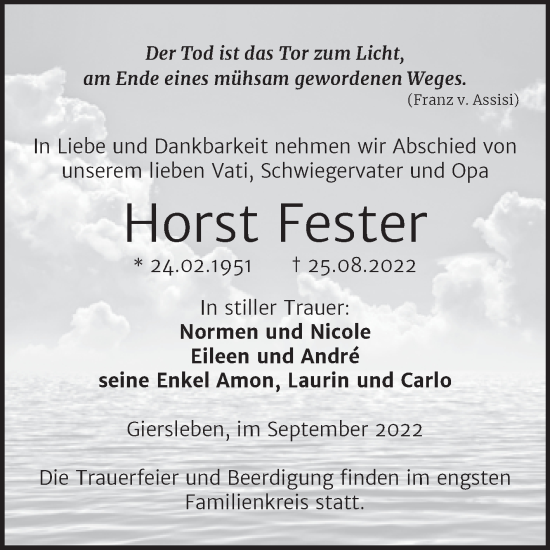 Traueranzeige von Horst Fester von Trauerkombi Aschersleben