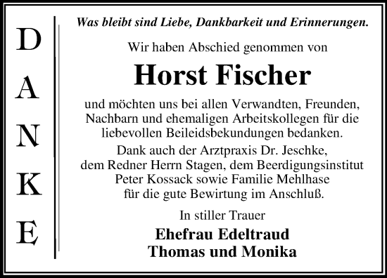 Traueranzeige von Horst Fischer von Trauerkombi Wittenberg