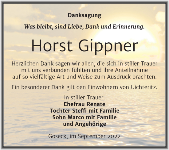 Traueranzeige von Horst Gippner von Trauerkombi Weißenfels