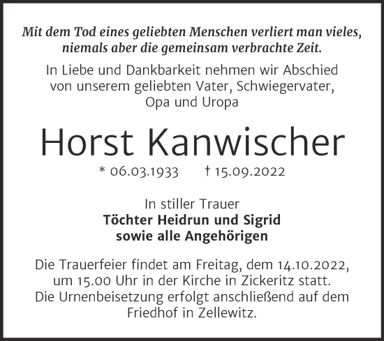 Traueranzeige von Horst Kanwischer von Trauerkombi Bernburg
