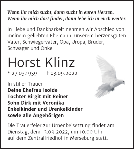 Traueranzeige von Horst Klinz von Trauerkombi Merseburg