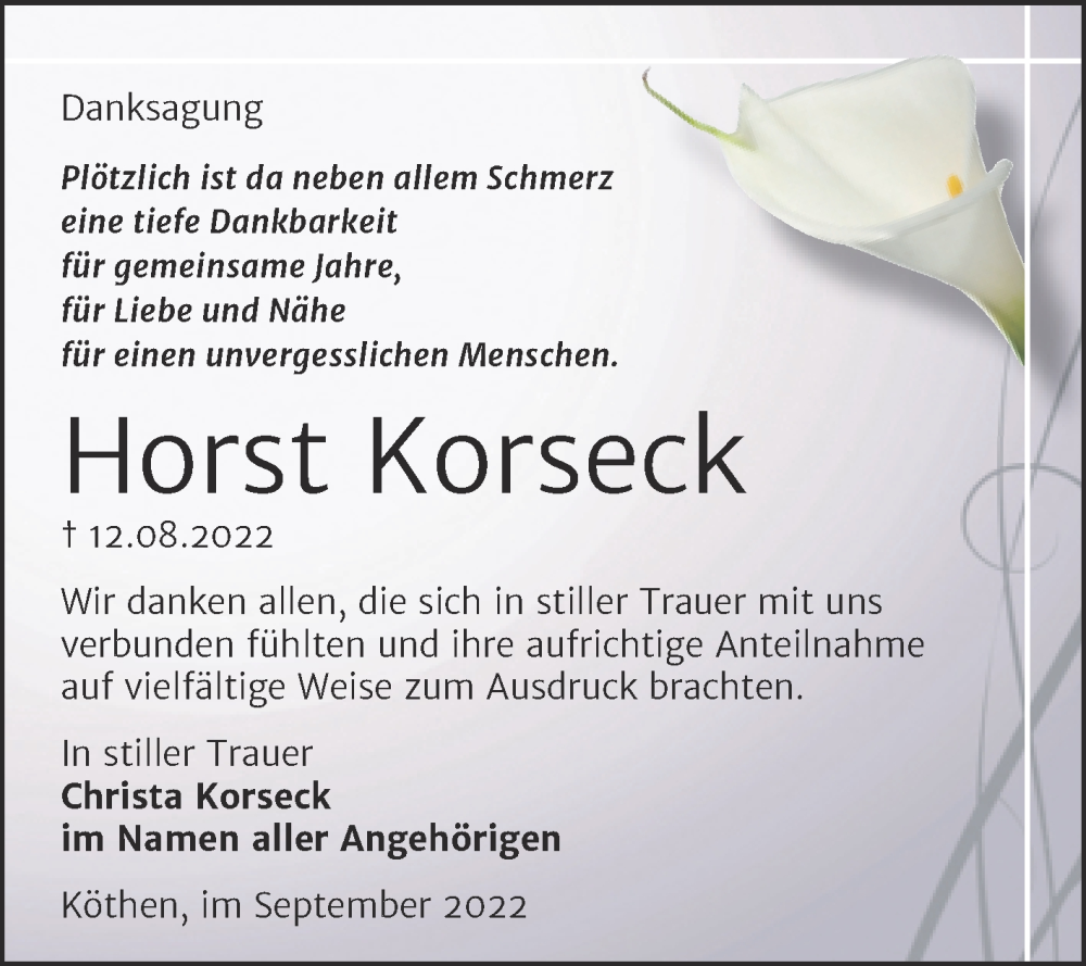  Traueranzeige für Horst Korseck vom 17.09.2022 aus Trauerkombi Köthen