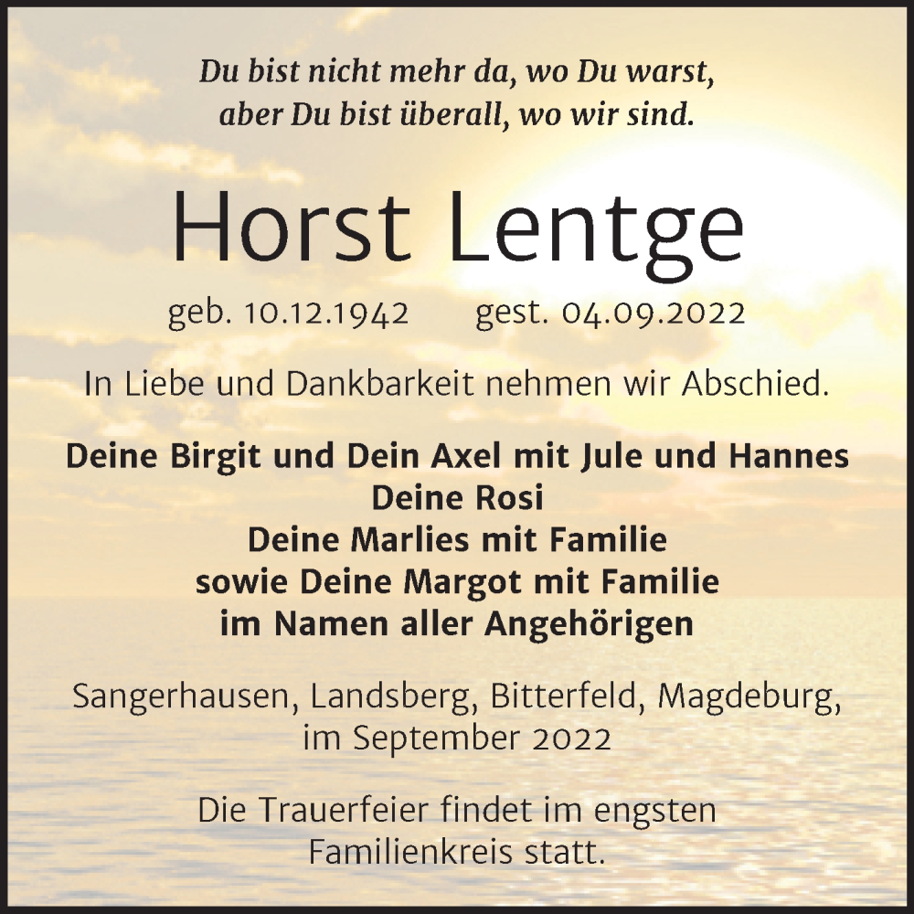  Traueranzeige für Horst Lentge vom 10.09.2022 aus Trauerkombi Sangerhausen