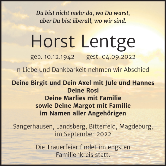 Traueranzeige von Horst Lentge von Trauerkombi Sangerhausen