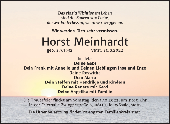 Traueranzeige von Horst Meinhardt von Mitteldeutsche Zeitung Halle/Saalkreis