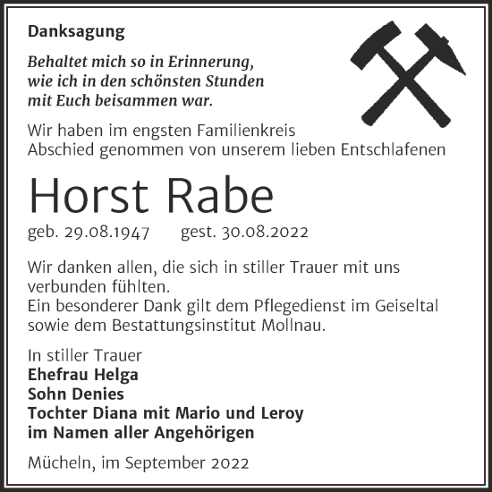 Traueranzeige von Horst Rabe von Trauerkombi Merseburg