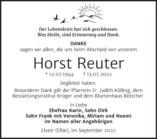 Traueranzeige von Horst Reuter von Trauerkombi Wittenberg