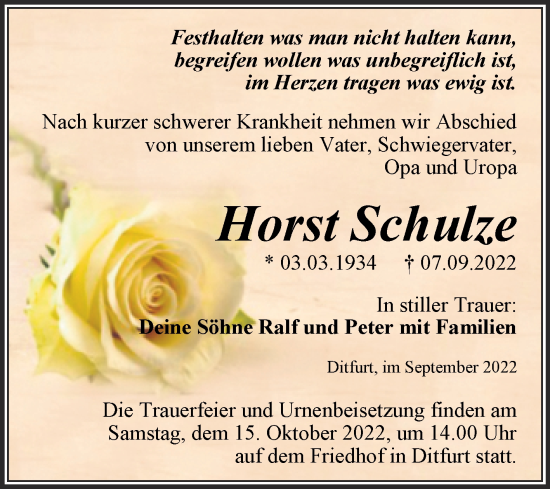 Traueranzeige von Horst Schulze von Trauerkombi Quedlinburg