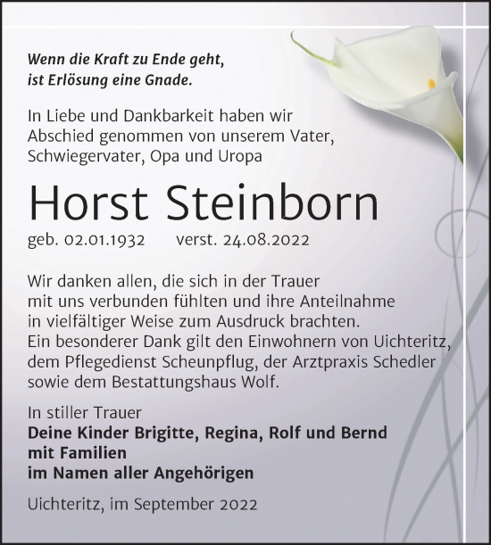 Traueranzeige von Horst Steinborn von Trauerkombi Weißenfels