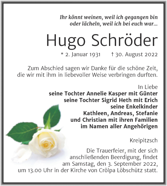 Traueranzeige von Hugo Schröder von Naumburger Tageblatt