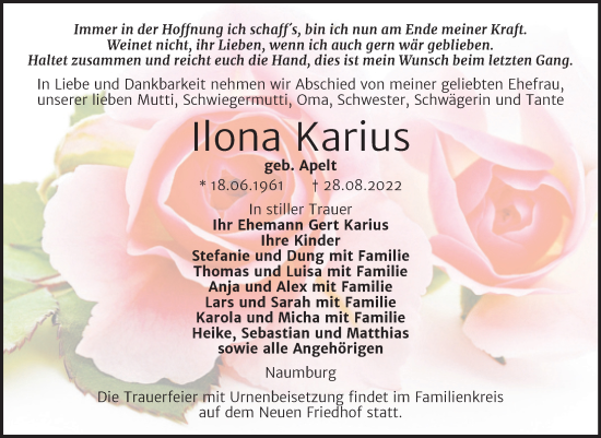Traueranzeige von Ilona Karius von Wochenspiegel Naumburg/Nebra