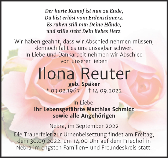Traueranzeige von Ilona Reuter von Wochenspiegel Naumburg/Nebra