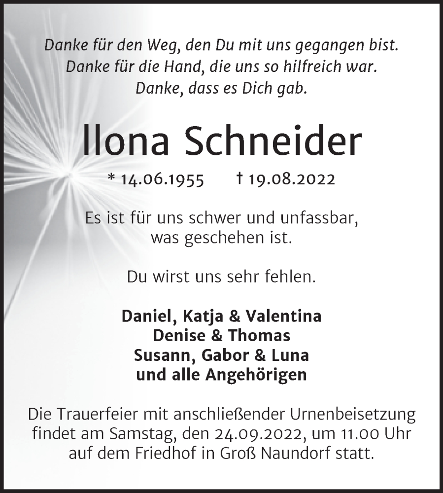  Traueranzeige für Ilona Schneider vom 10.09.2022 aus Trauerkombi Wittenberg