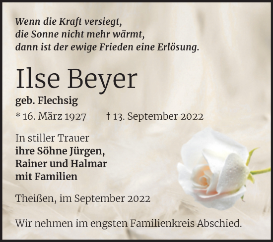 Traueranzeige von Ilse Beyer von Trauerkombi Zeitz
