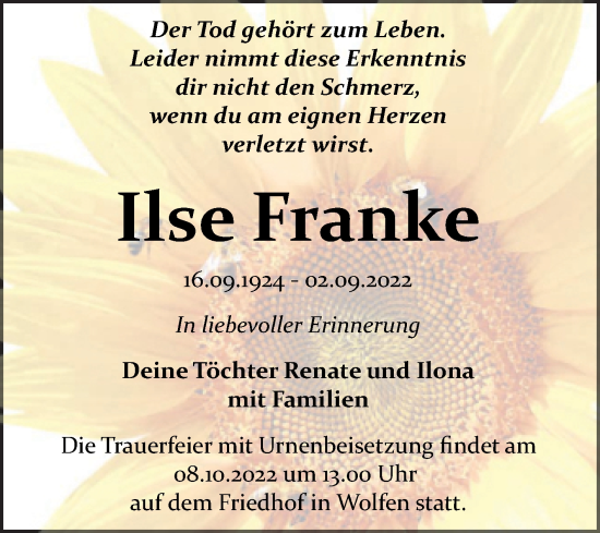 Traueranzeige von Ilse Franke von Trauerkombi Bitterfeld