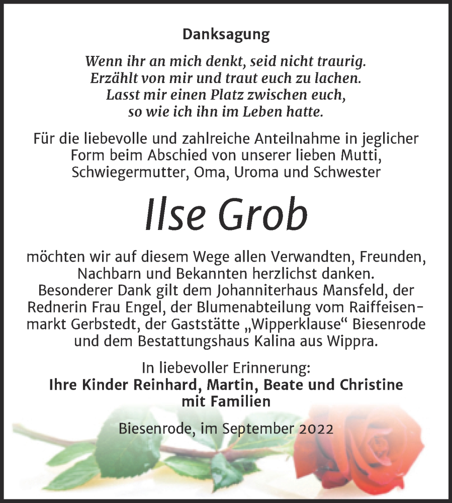  Traueranzeige für Ilse Grob vom 02.09.2022 aus Trauerkombi Mansfelder Land