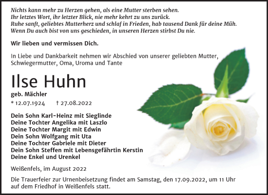 Traueranzeige von Ilse Huhn von Trauerkombi Weißenfels