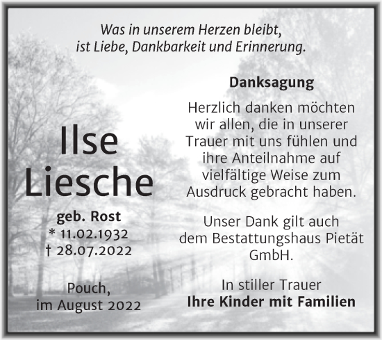 Traueranzeige von Ilse Liesche von Trauerkombi Bitterfeld