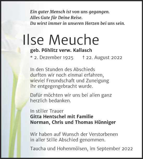 Traueranzeige von Ilse Meuche von Trauerkombi Weißenfels