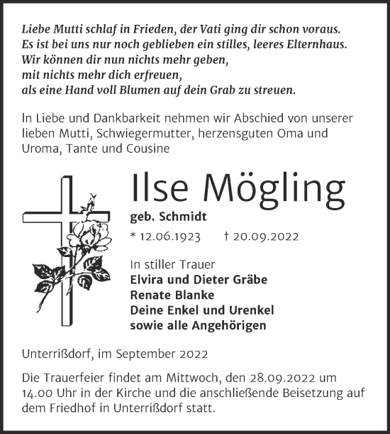 Traueranzeige von Ilse Mögling von Mitteldeutsche Zeitung Mansfelder Land