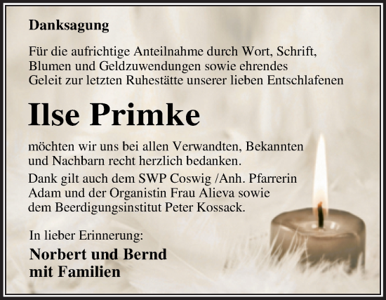 Traueranzeige von Ilse Primke von Trauerkombi Wittenberg