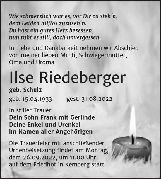 Traueranzeige von Ilse Riedeberger von Trauerkombi Wittenberg