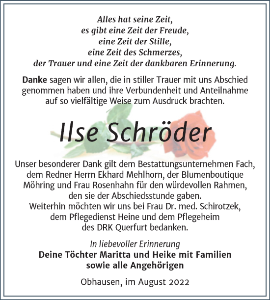 Traueranzeige von Ilse Schröder von Trauerkombi Merseburg