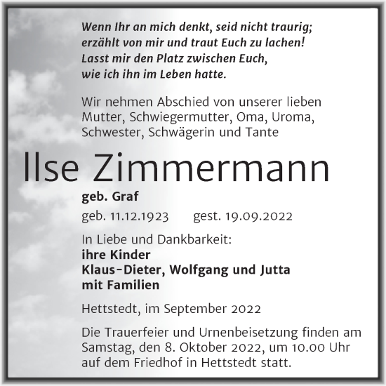 Traueranzeige von Ilse Zimmermann von Trauerkombi Mansfelder Land