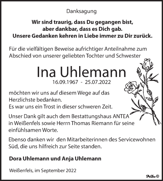 Traueranzeige von Ina Uhlemann von Trauerkombi Weißenfels