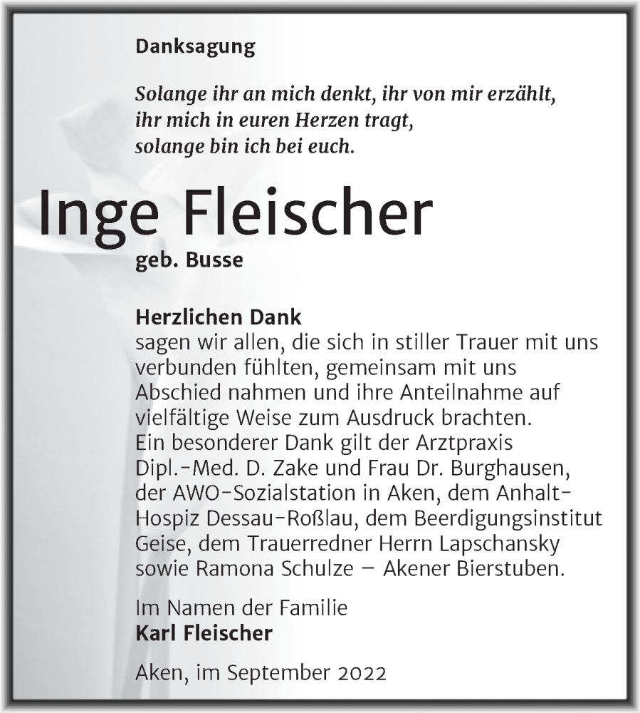  Traueranzeige für Inge Fleischer vom 10.09.2022 aus Trauerkombi Köthen