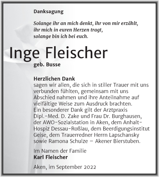 Traueranzeige von Inge Fleischer von Trauerkombi Köthen