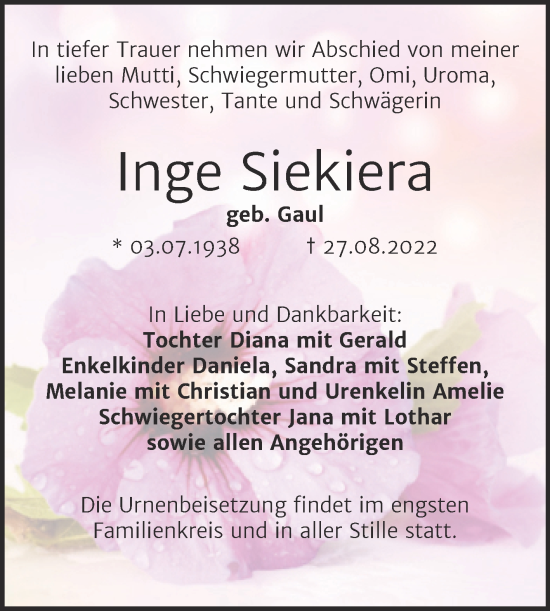 Traueranzeige von Inge Siekiera von Trauerkombi Bitterfeld