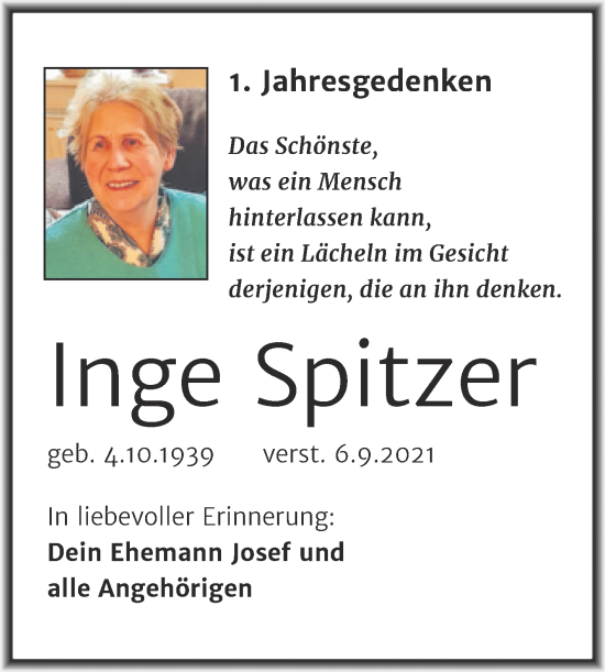 Traueranzeige von Inge Spitzer von Trauerkombi Köthen