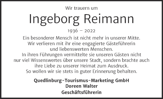 Traueranzeige von Ingeborg Reimann von Super Sonntag Quedlingburg