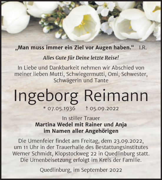 Traueranzeige von Ingeborg Reimann von Trauerkombi Quedlinburg