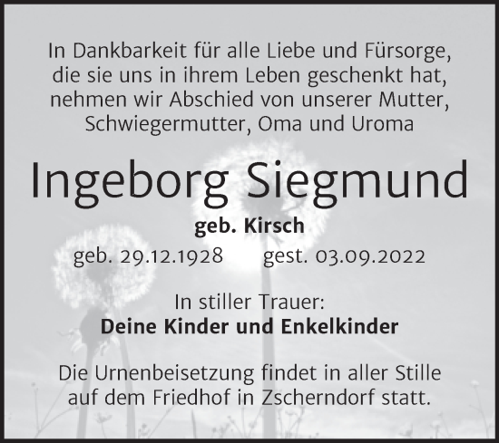 Traueranzeige von Ingeborg Siegmund von Trauerkombi Bitterfeld
