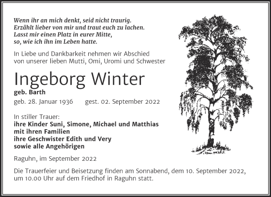Traueranzeige von Ingeborg Winter von Mitteldeutsche Zeitung Bitterfeld