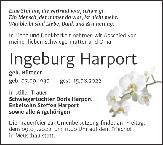 Traueranzeige von Ingeburg Harport von Trauerkombi Merseburg