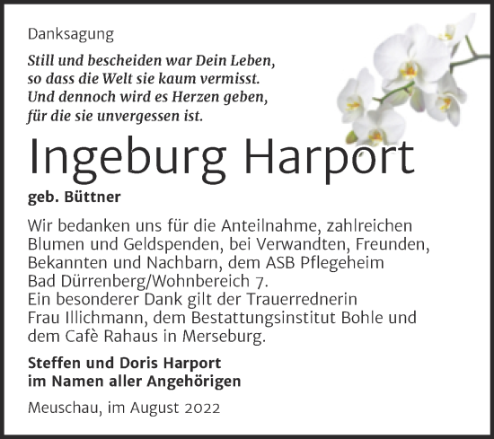 Traueranzeige von Ingeburg Harport von Trauerkombi Merseburg